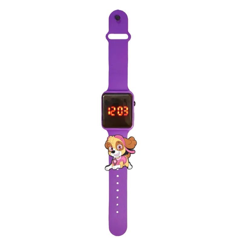 Montre LED enfant bracelet violet avec écran 12:03 et figurine Pat Patrouille
