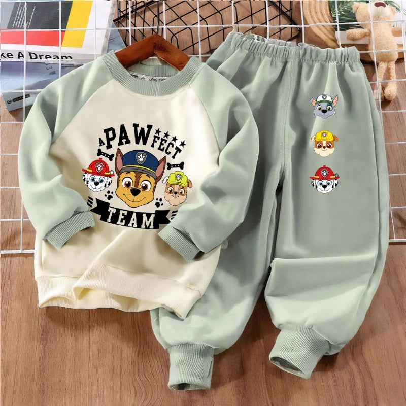 Ensemble Pat' Patrouille sweat écru Pawfect Team, pantalon et manches vert d'eau, chiots imprimés sur la jambe