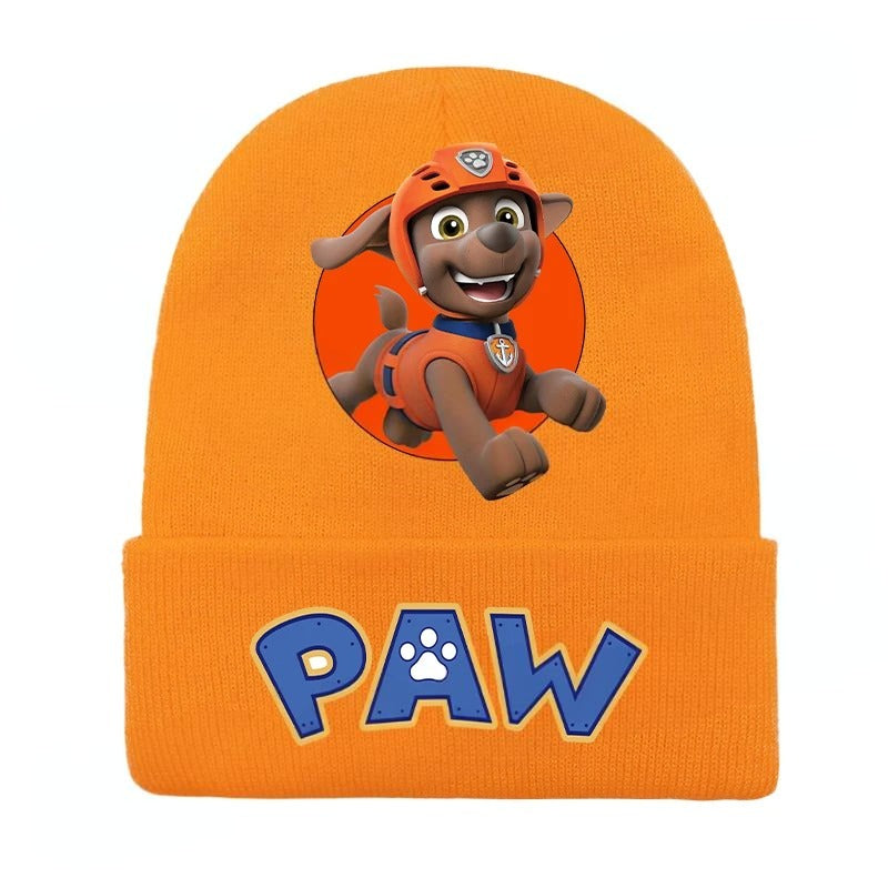 Bonnet Pat Patrouille orange en tricot, logo « PAW » et personnage Zuma brodés