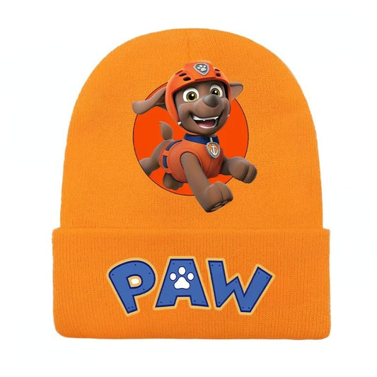 Bonnet Pat Patrouille orange en tricot, logo « PAW » et personnage Zuma brodés