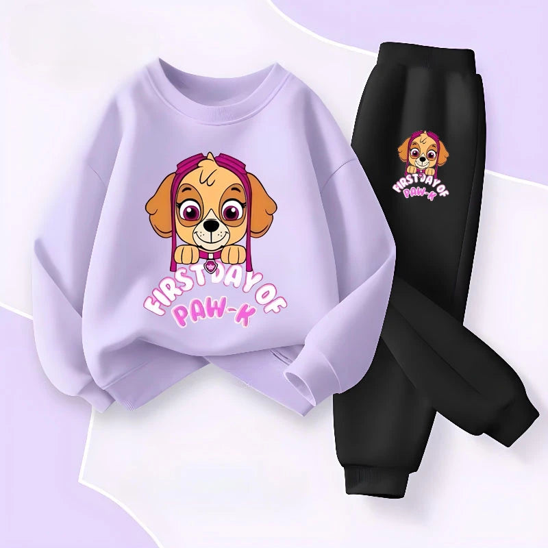 Ensemble fille sweat lilas et pantalon noir, imprimé chiot coloré « Paw »