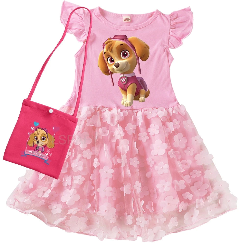 Robe Pat' Patrouille pour fille, Stella, jupe rose à fleurs et pochette fuchsia, manches volantées