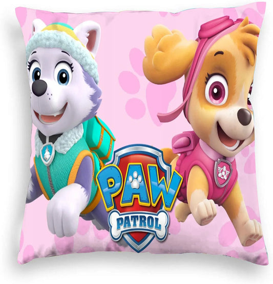 Coussin carré Pat Patrouille rose pâle avec Everest et Stella et logo PAW Patrol