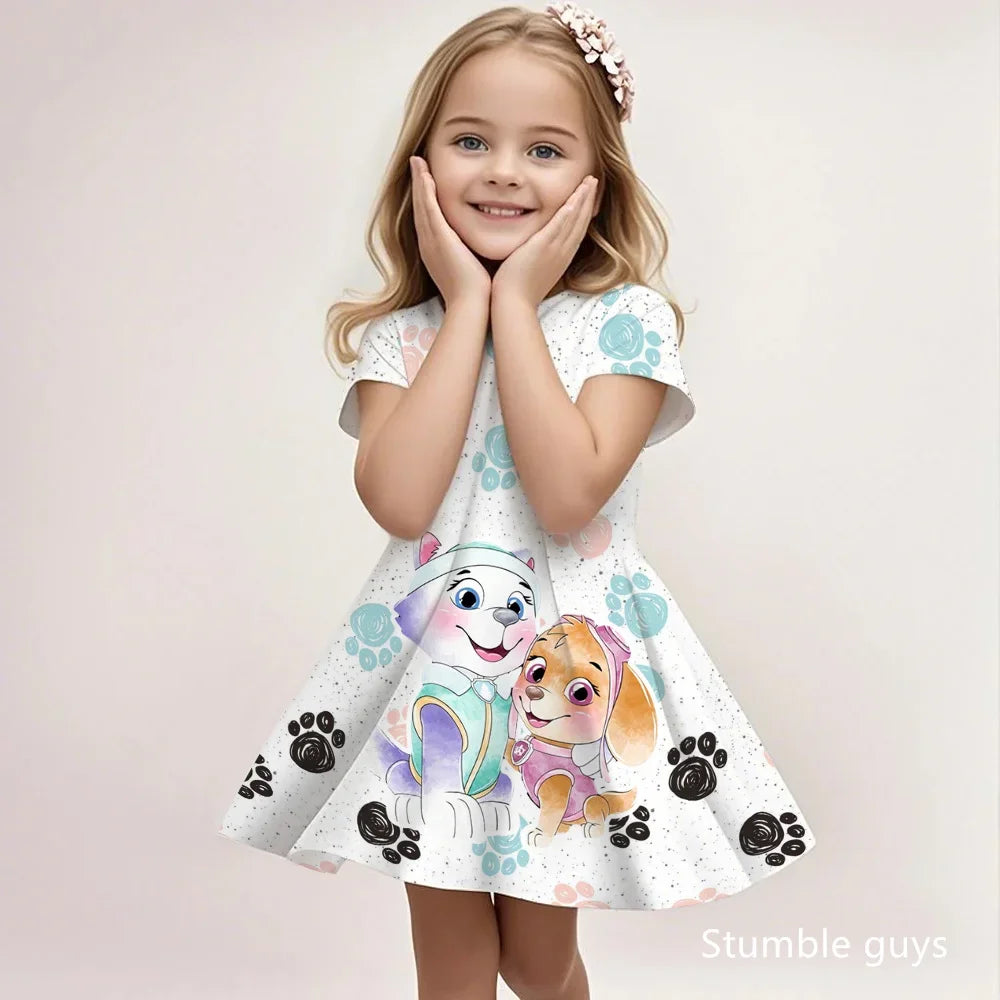 Robe enfant blanche A-ligne manches courtes avec motif chiens et empreintes