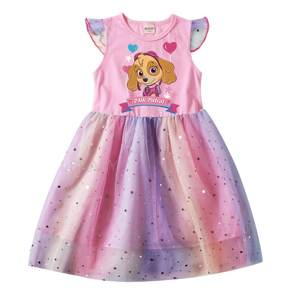 Robe Pat' Patrouille pour fille, haut rose imprimé Stella dans un cœur et jupe en tulle arc-en-ciel