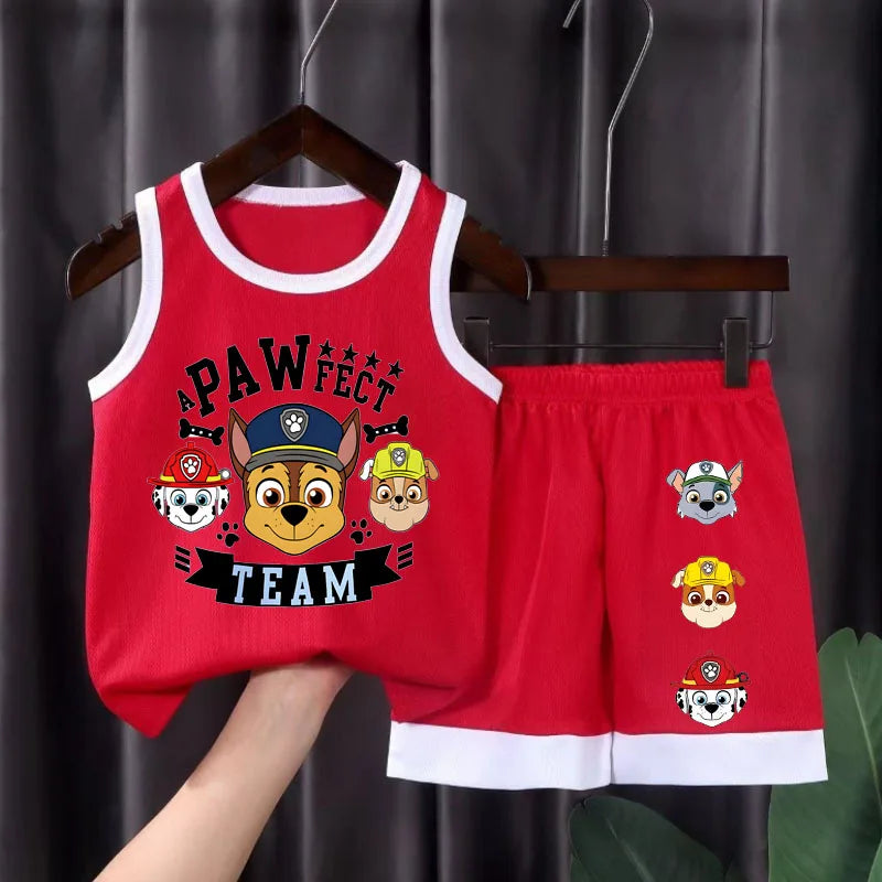 Ensemble sport Pat' Patrouille en maille, débardeur et short rouges à liseré blanc, Chase, Marcus et Ruben « Pawfect Team »