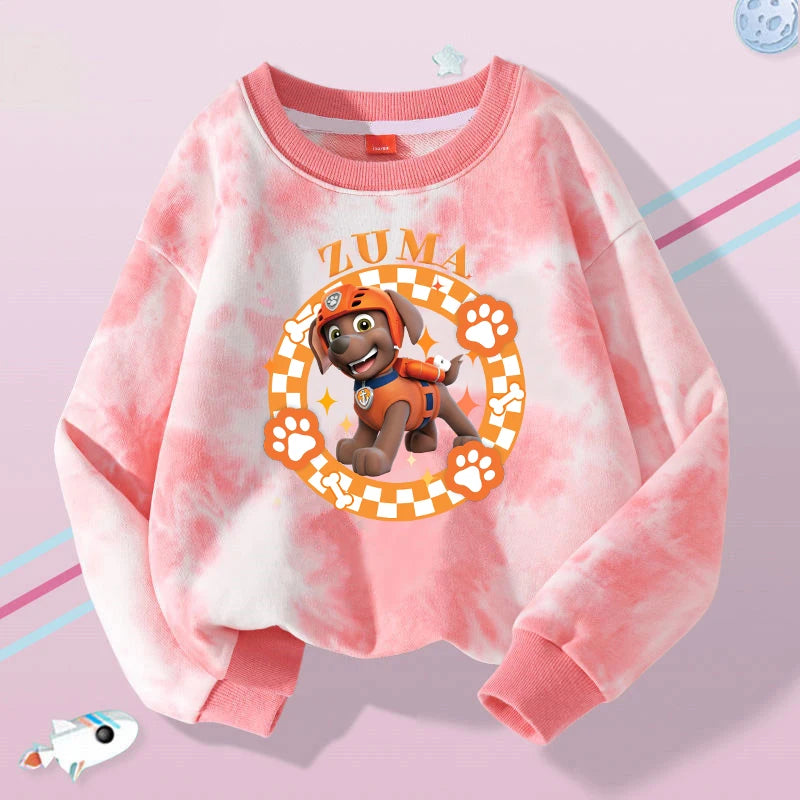Sweat-shirt tie-dye rose à manches longues, col côtelé et motif Zuma au centre