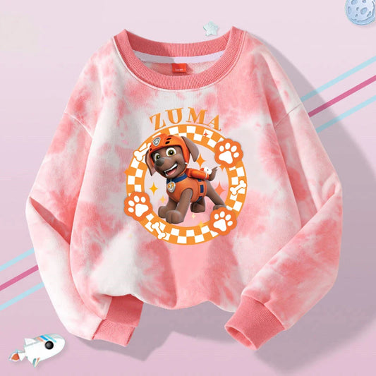Sweat-shirt tie-dye rose à manches longues, col côtelé et motif Zuma au centre