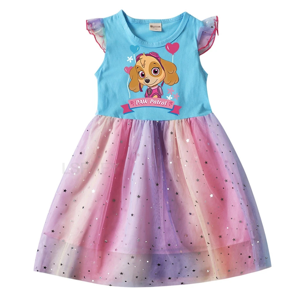 Robe Pat' Patrouille pour fille, haut bleu imprimé Stella dans un cœur et jupe en tulle arc-en-ciel