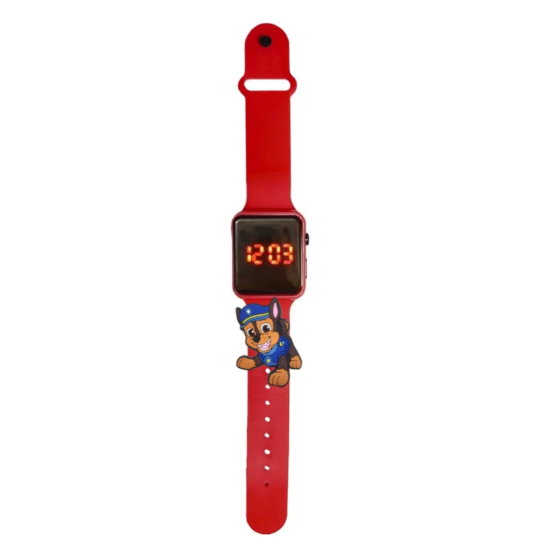 Montre LED enfant Pat Patrouille Chase, bracelet rouge, cadran numérique lumineux.