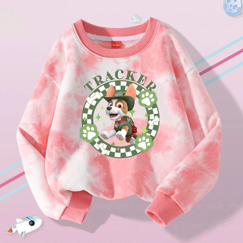 Pull enfant tie-dye rose Tracker, col rond, chien et pattes