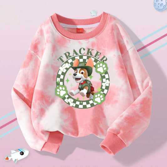 Pull enfant tie-dye rose Tracker, col rond, chien et pattes