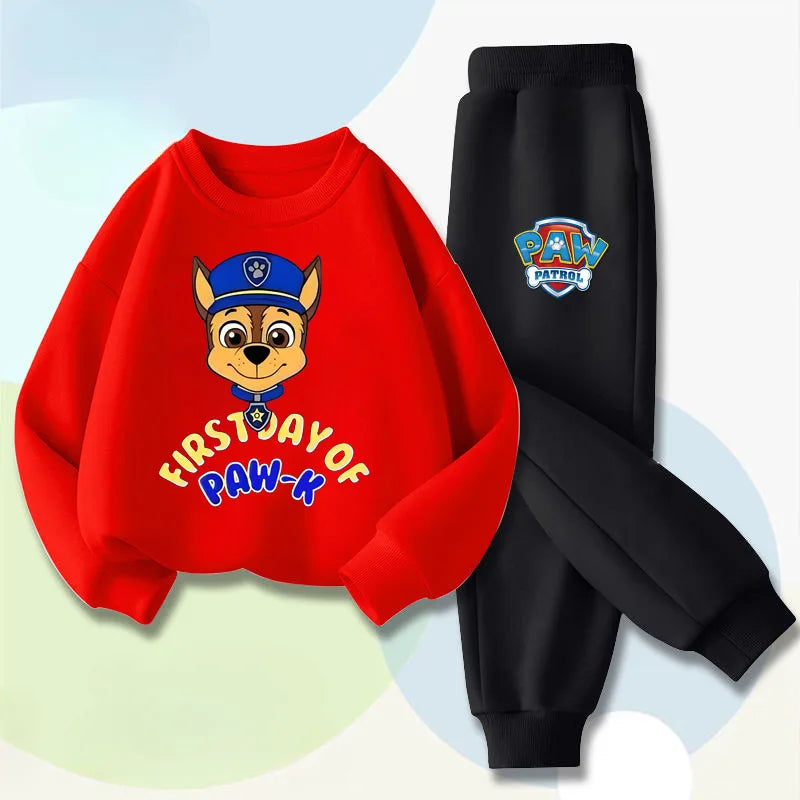 Ensemble sweat enfant rouge avec motif chiot et pantalon noir assorti