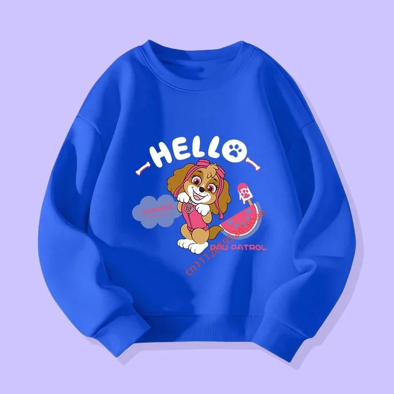 Pull enfant bleu à manches longues, impression chien «HELLO» avec nuage.