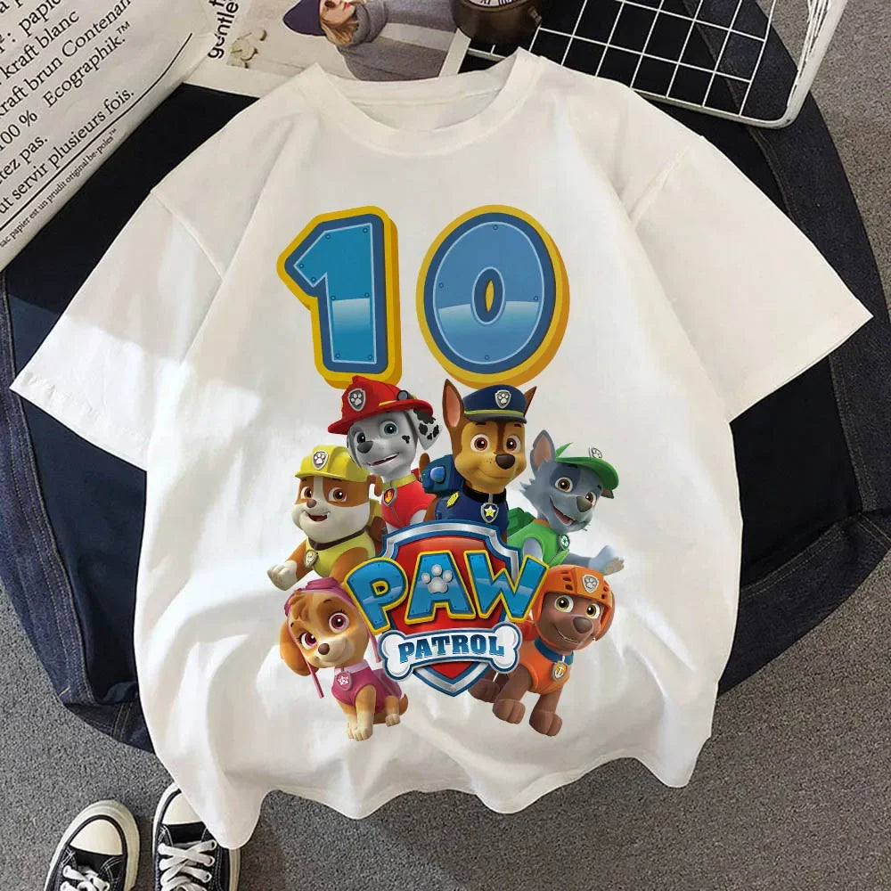 T-shirt d'anniversaire Pat' Patrouille blanc, 10 ans, l'équipe sous le chiffre de l'anniversaire en bleu