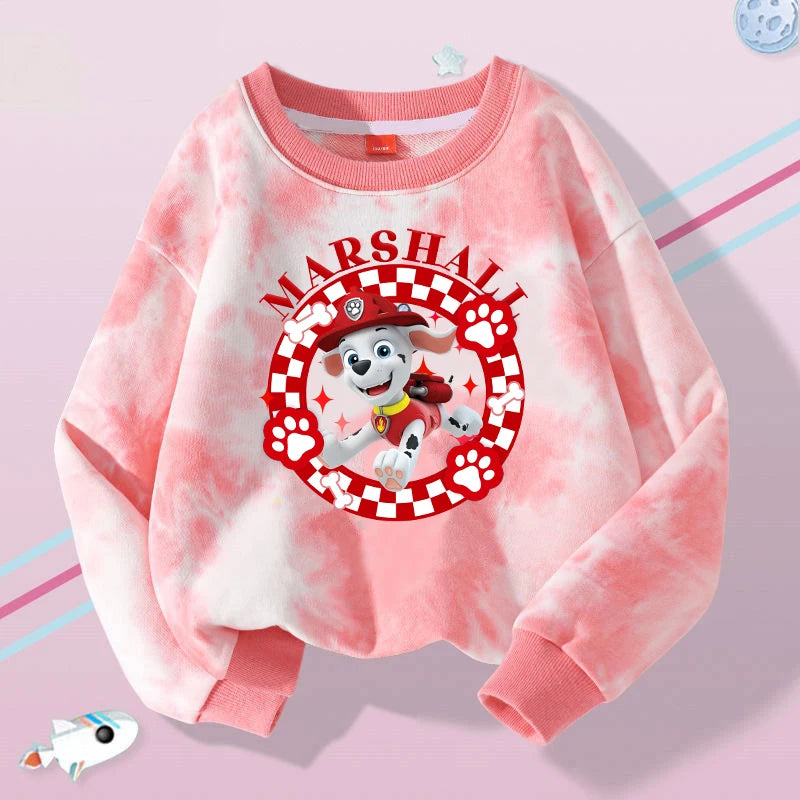 Pull tie-dye rose Pat Patrouille Marcus, col rond côtelé, motif chien dans un cercle rouge