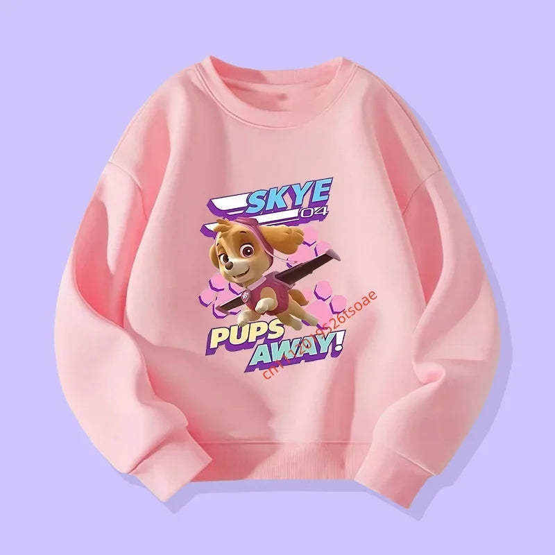 Pull rose enfant avec motif Skye et texte « Pups Away! »