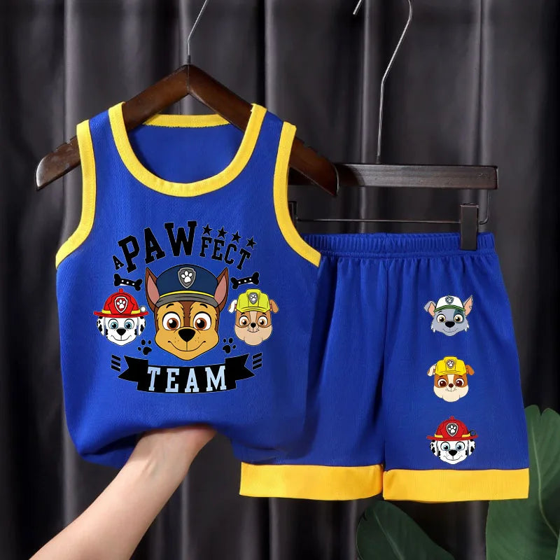 Ensemble sport Pat' Patrouille en maille, débardeur et short bleus à liseré jaune, Chase, Marcus et Ruben « Pawfect Team »