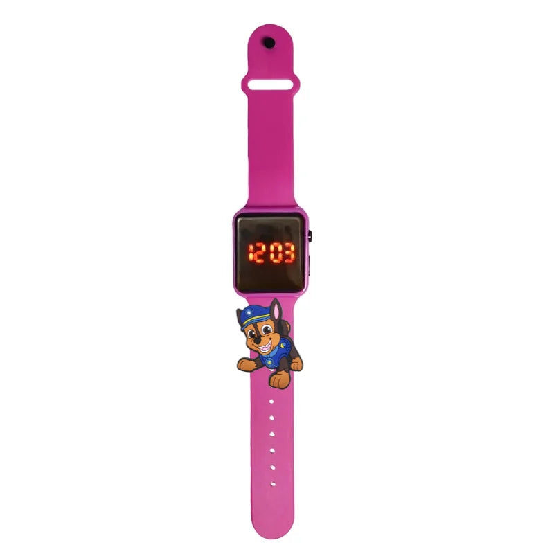 Montre LED enfant Pat Patrouille Chase, bracelet fuchsia, cadran numérique lumineux.