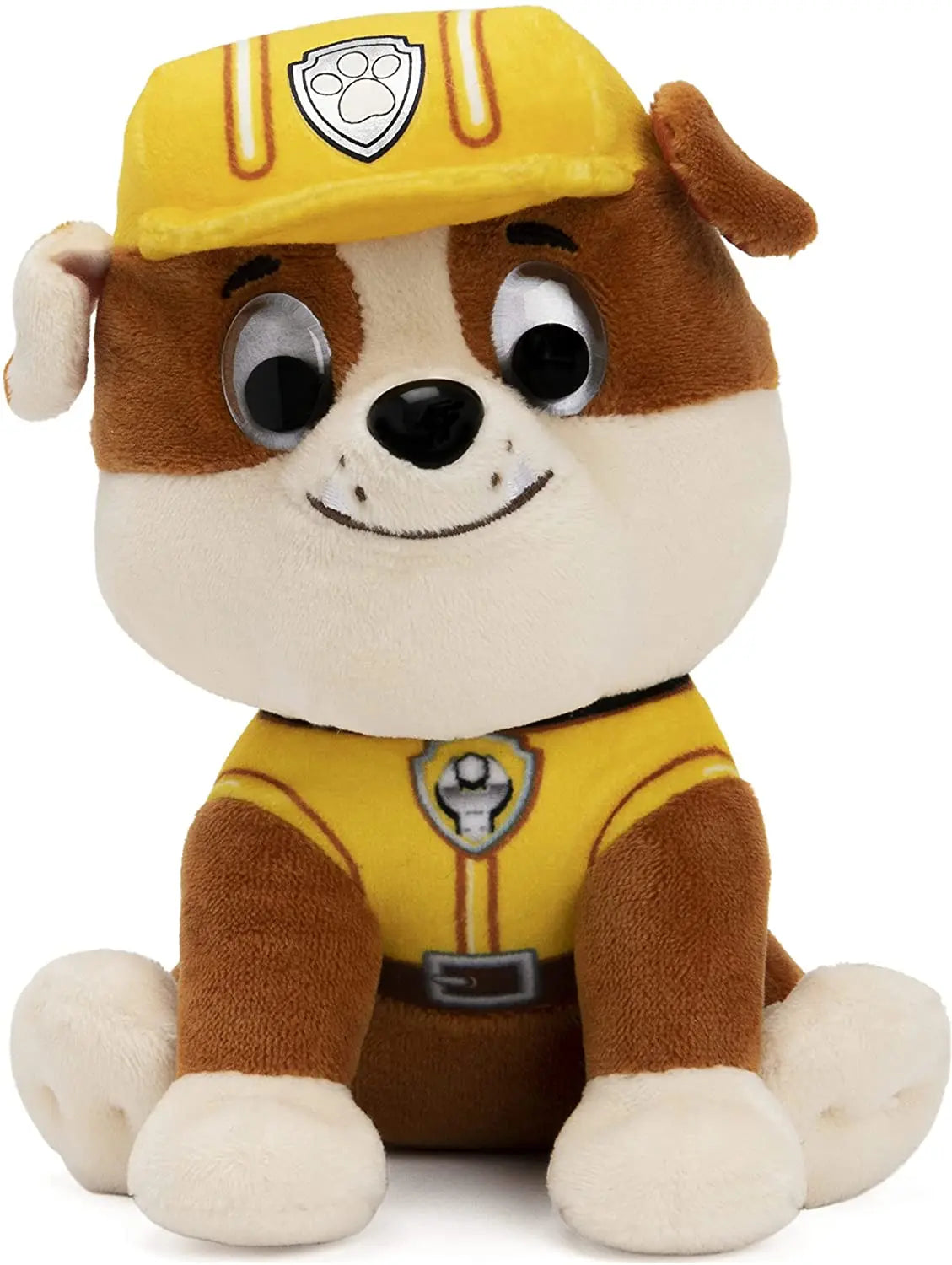Peluche Pat Patrouille Ruben, chien en peluche marron et blanc, casquette jaune.