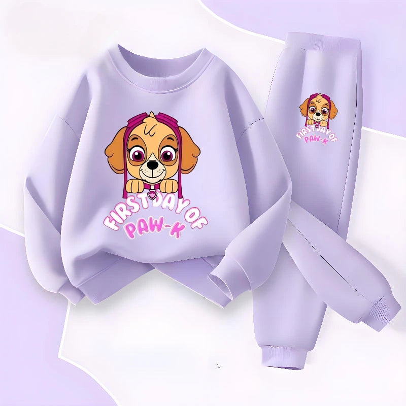 Ensemble fille sweat lilas clair et pantalon lilas clair, imprimé chiot « Paw »
