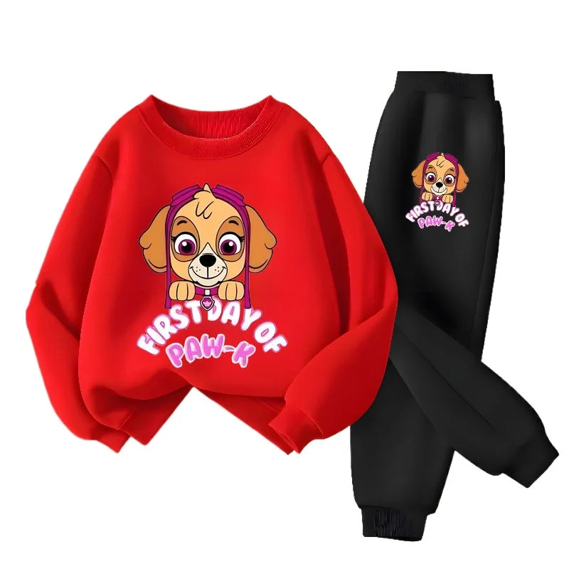 Ensemble fille sweat rouge et pantalon noir, imprimé chiot, poignets et bas côtelés