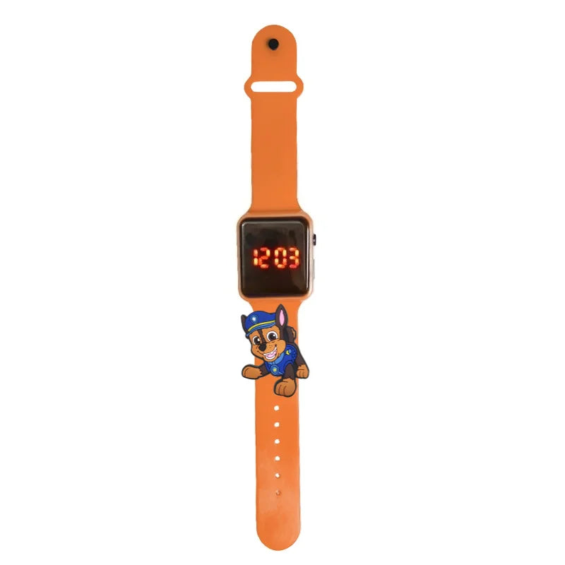 Montre LED enfant Pat Patrouille Chase, bracelet orange, cadran numérique lumineux.