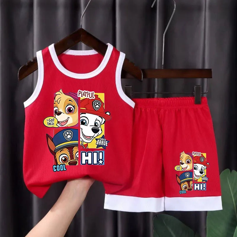 Ensemble sport Pat' Patrouille en maille, débardeur et short rouges à liseré blanc, Chase, Stella et Marcus « Cool Pups »