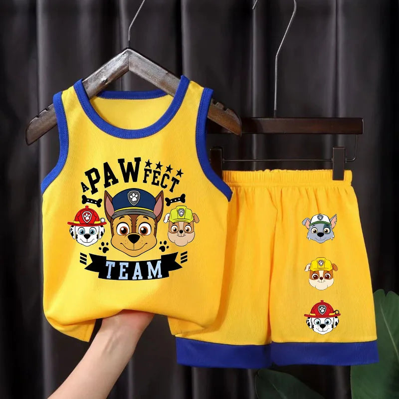 Ensemble sport Pat' Patrouille en maille, débardeur et short jaunes à liseré bleu, Chase, Marcus et Ruben « Pawfect Team »