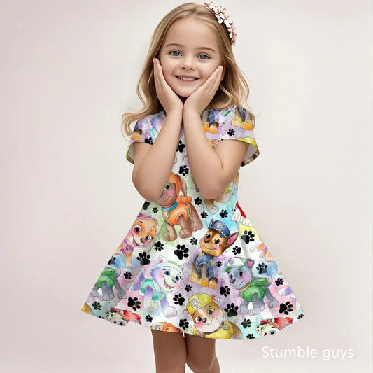 Robe enfant à motifs chiots et pattes, multicolore, manches courtes, col rond