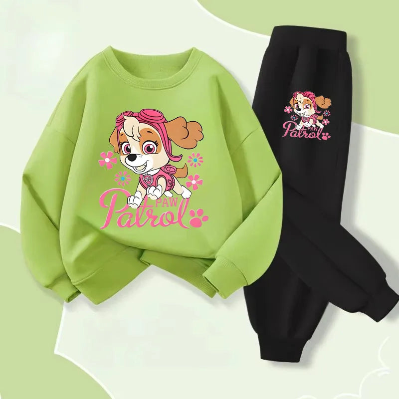 Ensemble fille Pat Patrouille : sweat vert clair et pantalon noir, motif Stella.