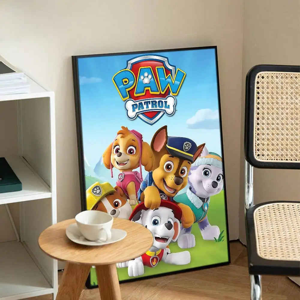 Affiche encadrée Pat' Patrouille Équipe Ciel Bleu, chiots mascottes sur ciel bleu.