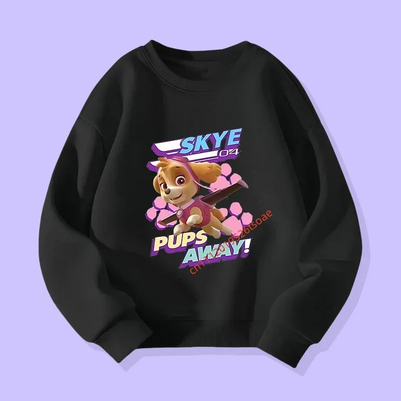 Pull noir enfant avec motif Skye et texte « Pups Away! »