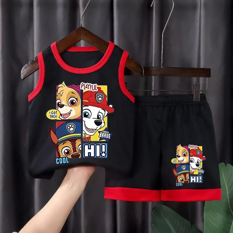 Ensemble sport Pat' Patrouille en maille, débardeur et short noirs à liseré rouge, Chase, Stella et Marcus « Cool Pups »