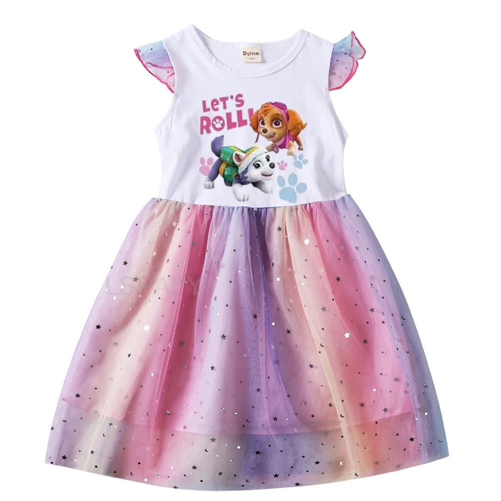 Robe Pat' Patrouille pour fille, haut blanc imprimé Stella et Everest « Let's Roll » et jupe en tulle arc-en-ciel