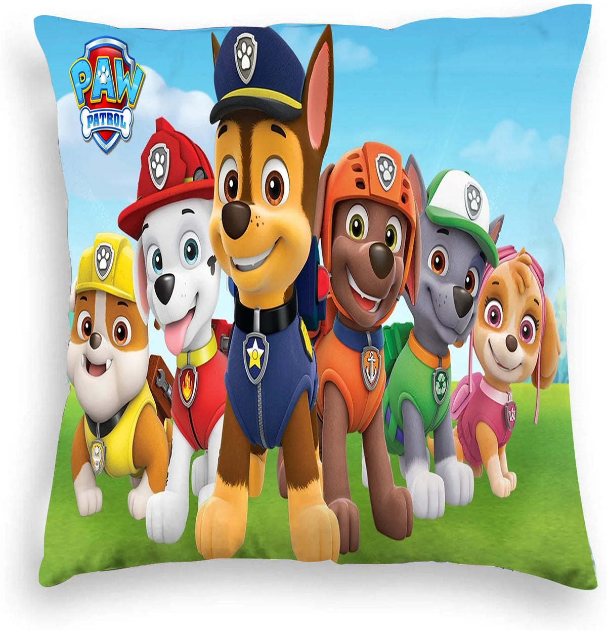 Coussin 45x45 cm Pat' Patrouille : chiens colorés sur fond bleu clair.