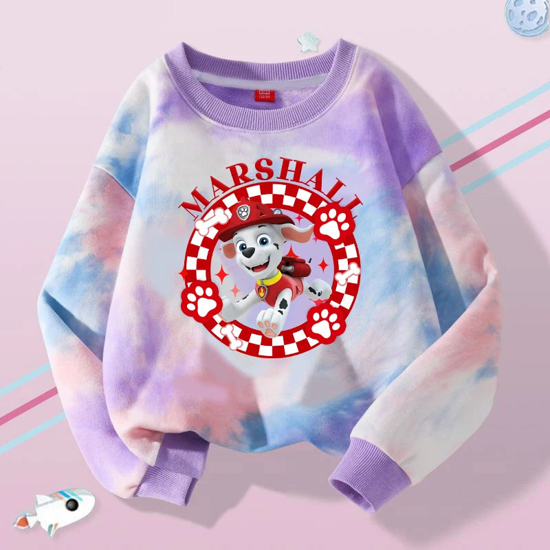 Pull tie-dye violet Pat Patrouille Marcus, manches longues, col rond côtelé, logo en cercle