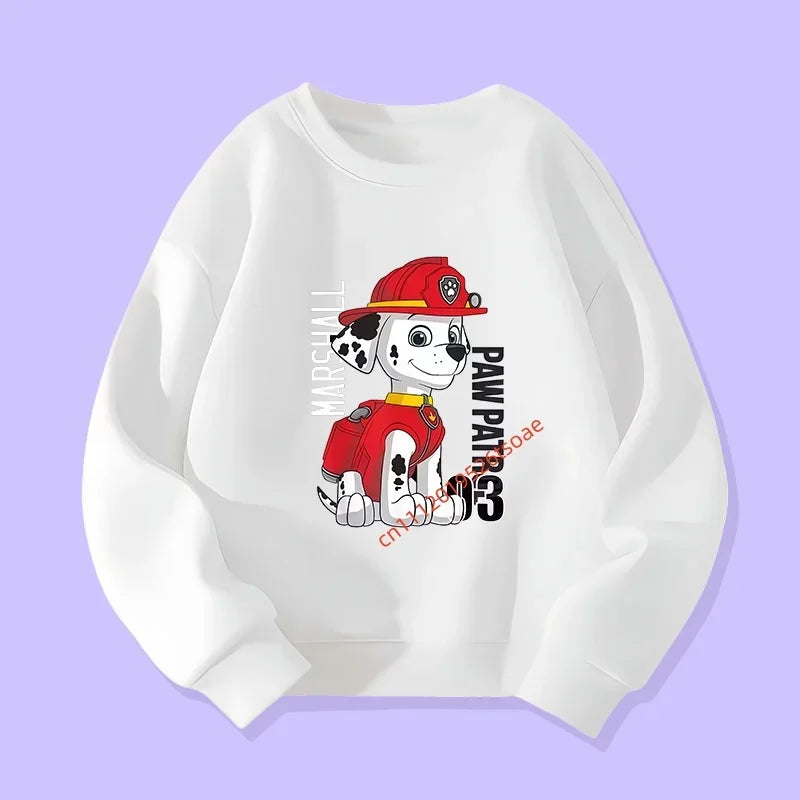 Pull blanc manches longues enfant, motif Marshall pompier sur le devant.