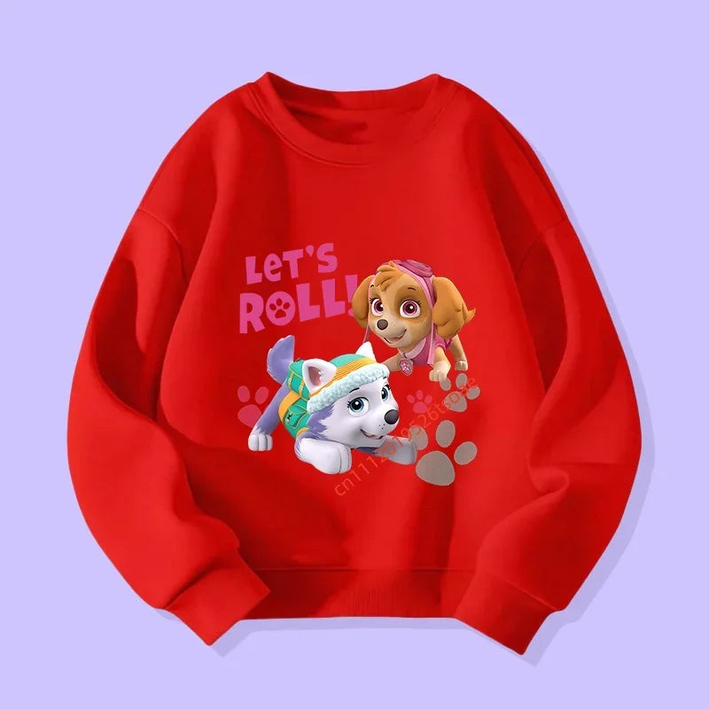 Pull enfant rouge à manches longues, imprimé Pat' Patrouille avec chien et personnage.