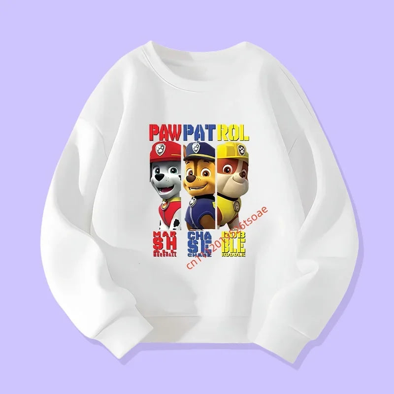 Pull blanc enfant, impression Pat' Patrouille Trio en Action sur le devant.