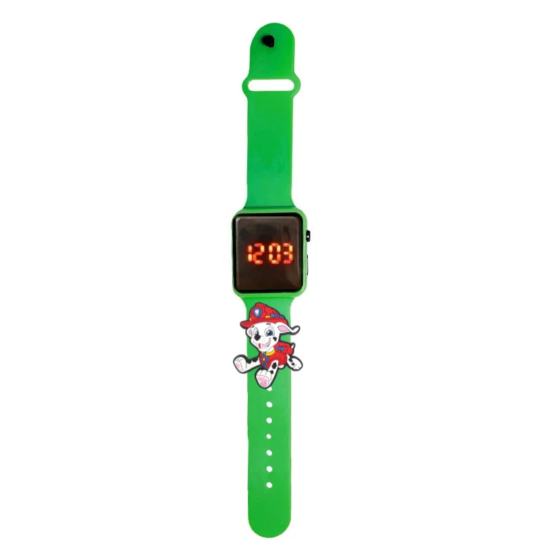 Montre LED enfant Pat Patrouille, bracelet vert en silicone, écran digital rouge.