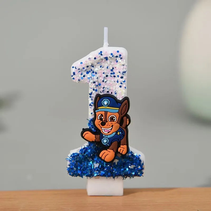 Bougie anniversaire en forme de 1, pailletée bleu et blanche, personnage Chase
