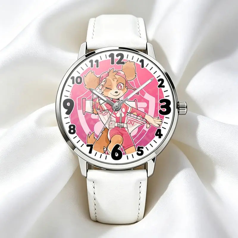 Montre Pat Patrouille Stella pilote, cadran rond avec motif rose et bracelet blanc