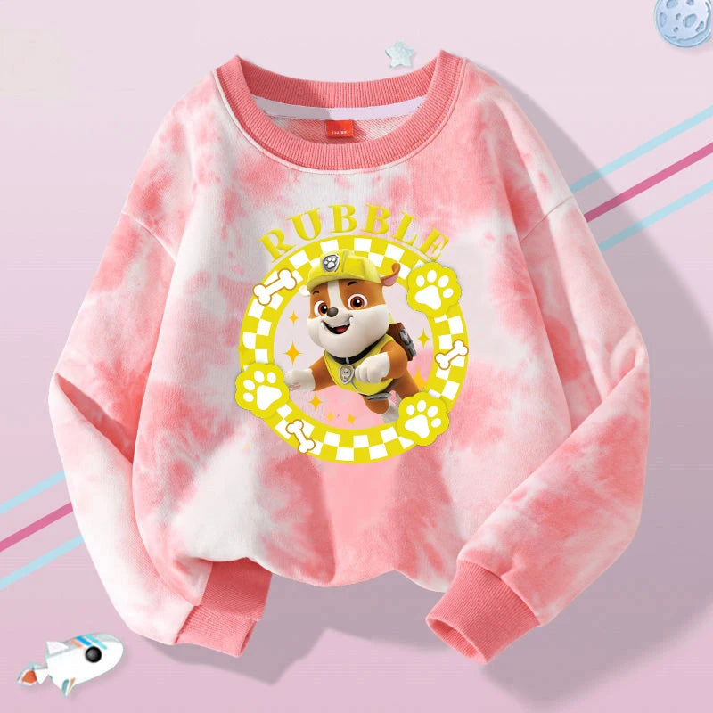 Pull Pat Patrouille tie-dye rose à col rond, motif Rubble souriant au centre