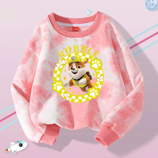 Pull Pat Patrouille tie-dye rose à col rond, motif Rubble souriant au centre