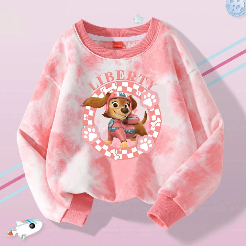 Pull molleton tie-dye rose, col rond et imprimé chien « LIBERTY »