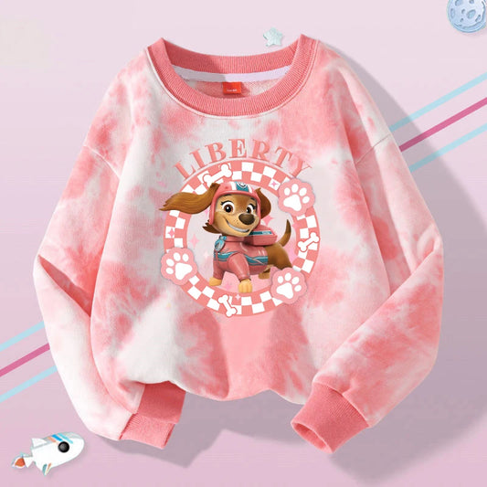 Pull molleton tie-dye rose, col rond et imprimé chien « LIBERTY »