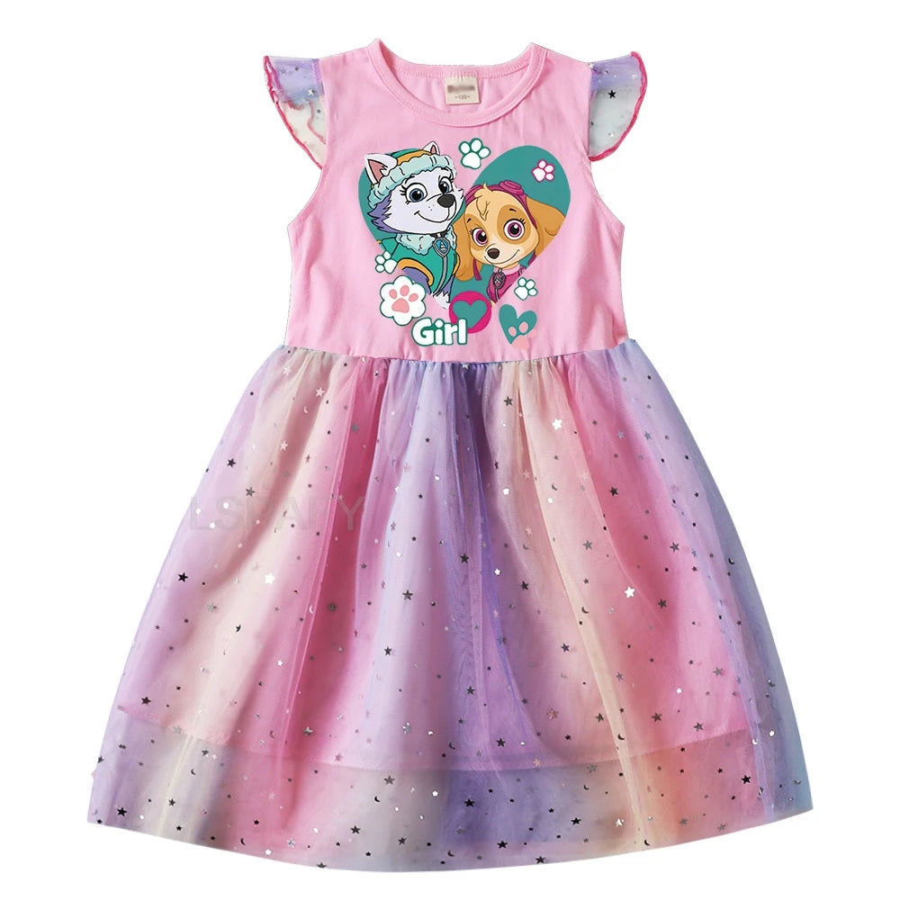 Robe Pat' Patrouille pour fille, haut rose imprimé Everest et Stella dans un cœur « Girl » et jupe en tulle arc-en-ciel