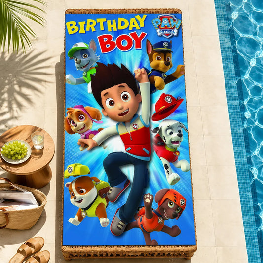 Serviette de plage Pat Patrouille bleu avec Ryder et personnages, motif anniversaire