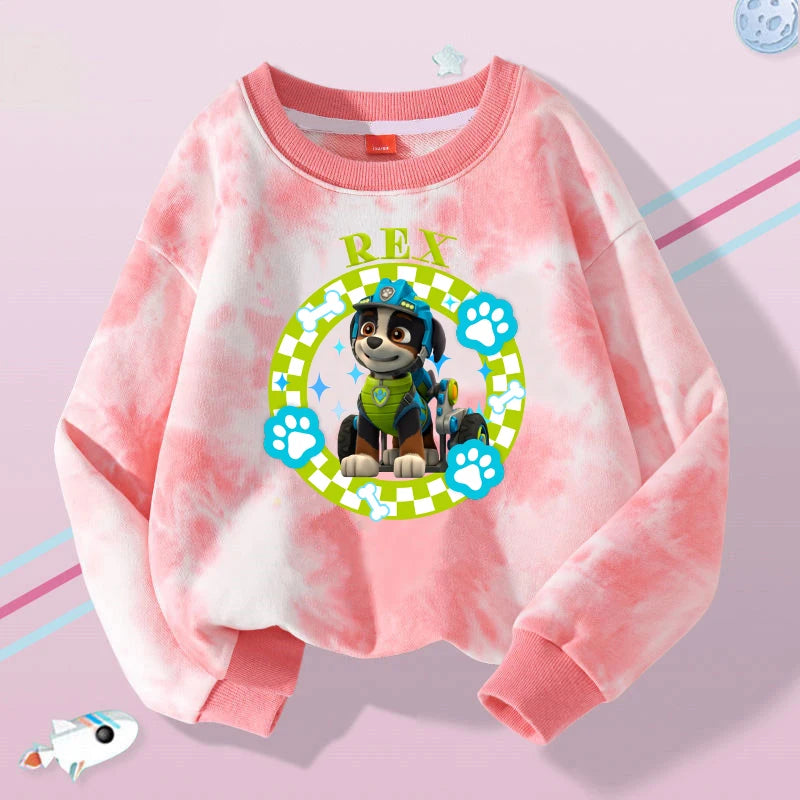 Pull Pat Patrouille tie-dye rose, col rond, manches longues, imprimé Rex et patte